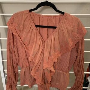 Women's Lace Trim Blouse - Coral